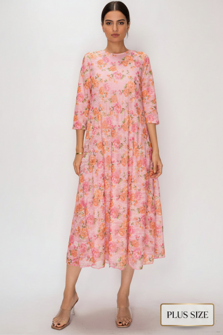PLUS SIZE FLORAL LACE, DESIGNED WITH A MODEST ROUND NECK MIDI DRESS