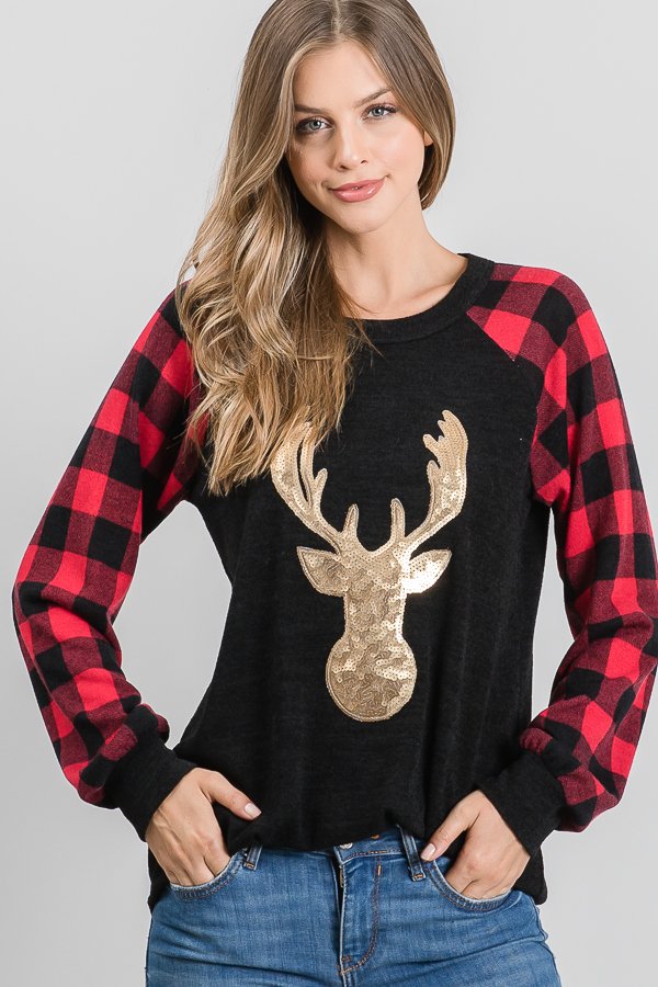 PLAID PRINT CONTRAST TOP WITH REINDEER SEQUINS DETAIL PLUS SIZE