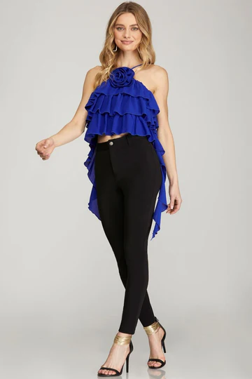 BLACK HALTER ROSETTE RUFFLED DETAILED WOVEN TOP SKSY6697