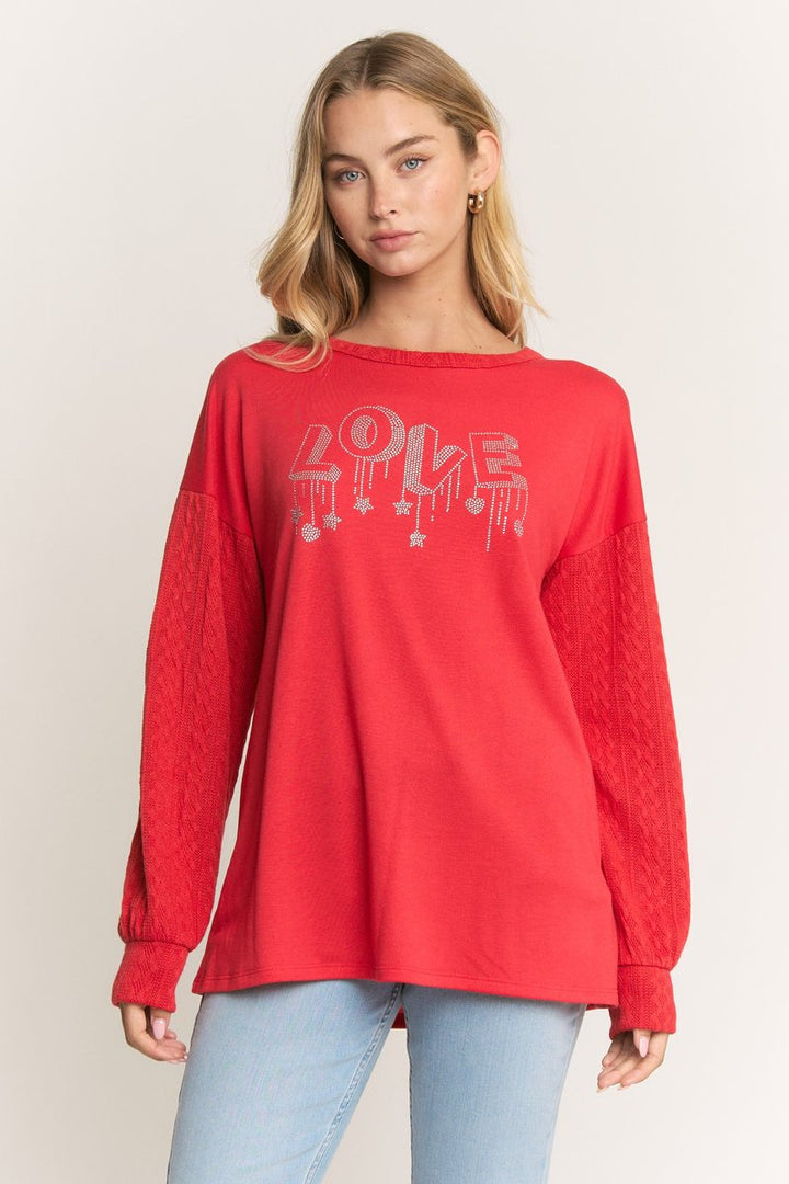 ROUND NECK SOLID TOP WITH HEART RHINESTONE HMET7706