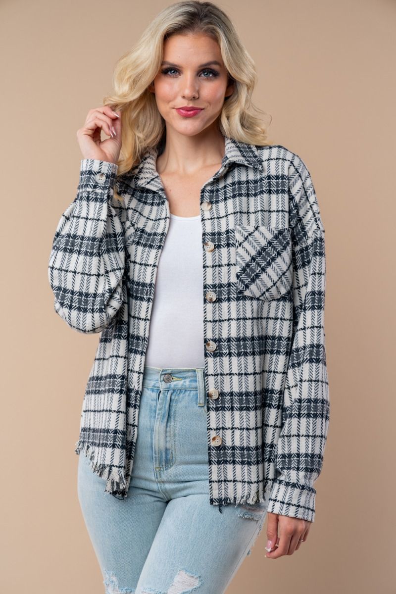 BUTTON DONE PLAID WOVEN SHACKET