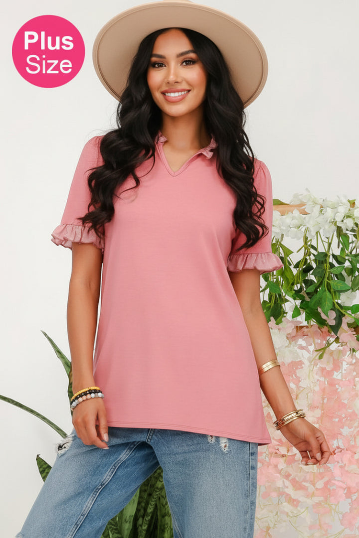 PLUS SOLID TOP WITH RUFFLE CHIFFON SLEEVE DETAIL-CLCT43791