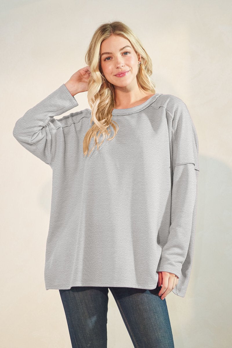 LONG SLEEVE ROUND NECK SOLID CUTTON FRENCH TERRY TOP-HMET7690-14