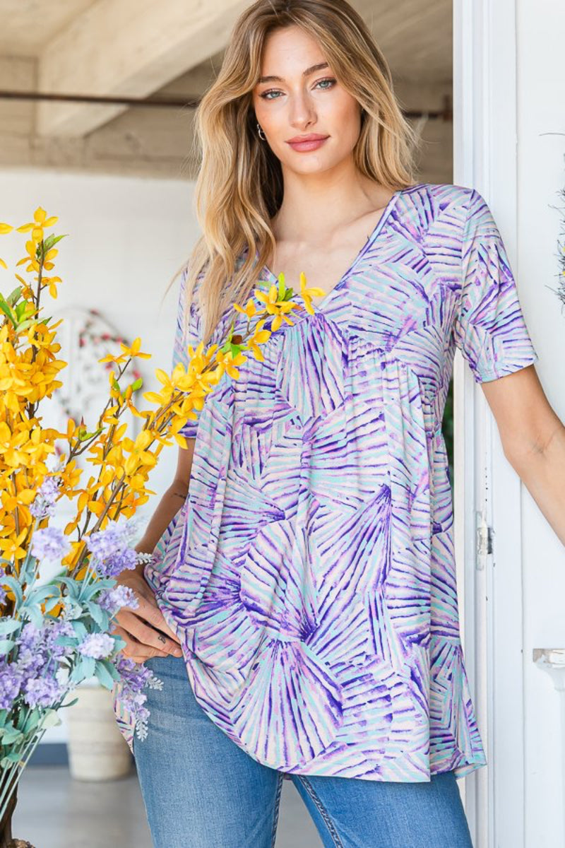 PLUS-V NECK MULTI PRINT BABYDOLL TOP
