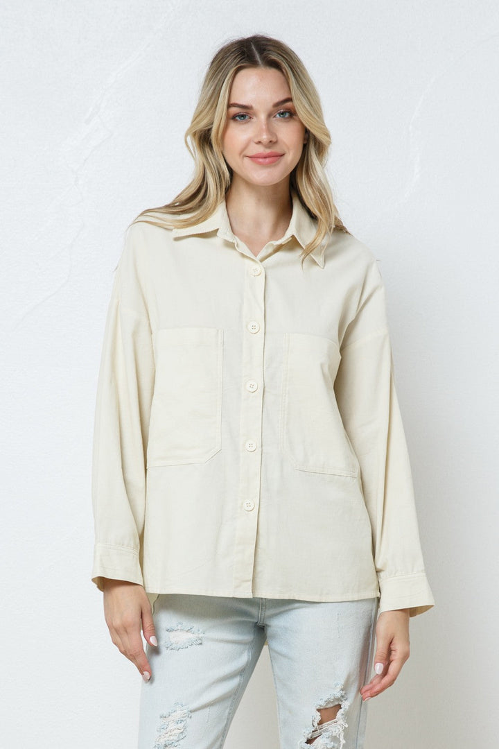 HEATHER GREY COTTON COLLARED PATCH POCKET SHIRT TOP T7649