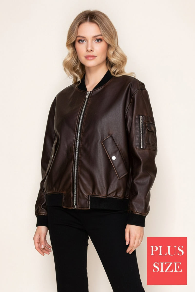 PLUS SIZE LONG SLEEVE SOLID LEATHER JACKET WITH ZIP-UP-WBT11140P
