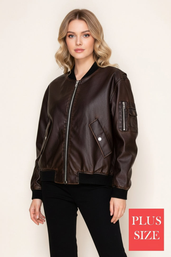PLUS SIZE LONG SLEEVE SOLID LEATHER JACKET WITH ZIP-UP-WBT11140P