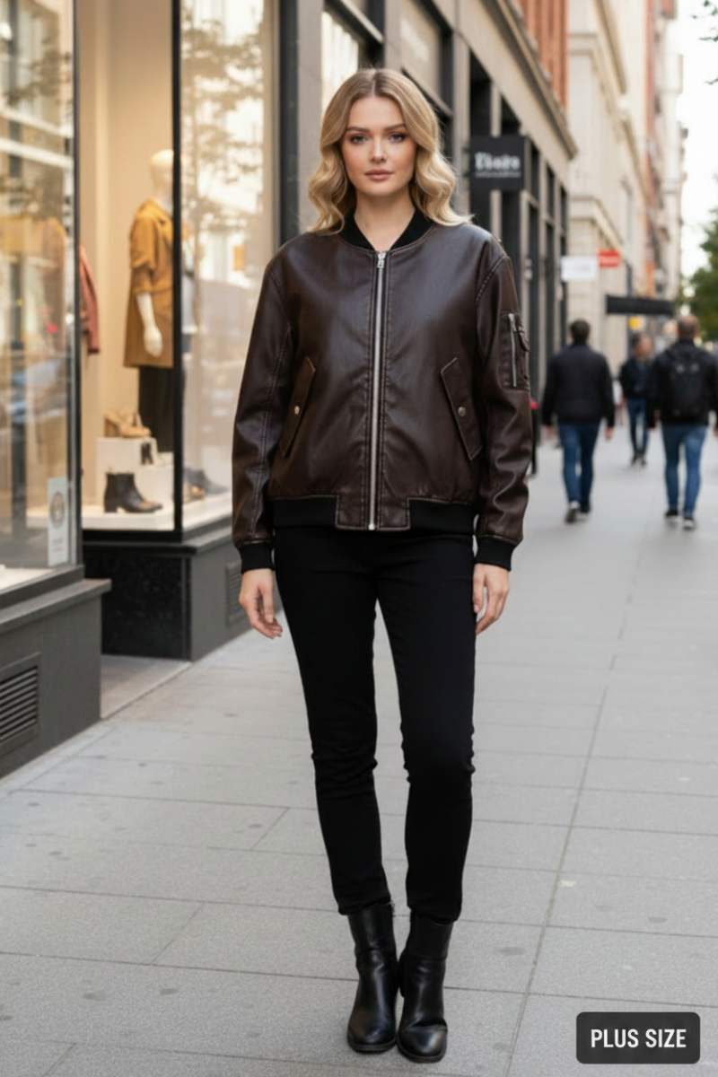 PLUS SIZE LONG SLEEVE SOLID LEATHER JACKET WITH ZIP-UP-WBT11140P