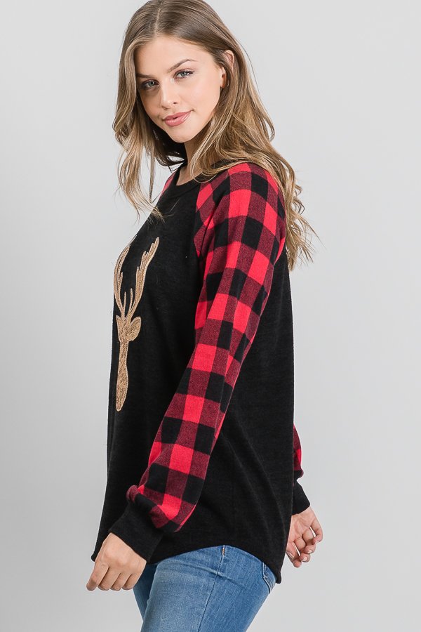 PUFF LONG SLEEVE ROUND NECK SOLID AND PLAID PRINT CONTRAST TOP WITH REINDEER SEQUINS DETAIL