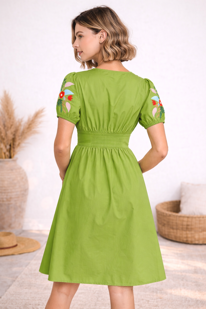 MIDI BUTTON DOWN DRESS WITH EMBROIDERED SLEEVES