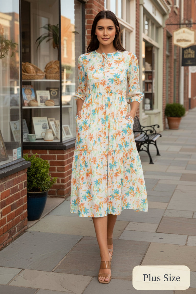 RELAXED FIT ROUND TIE NECK MIDI DRESS SHVL5994-G