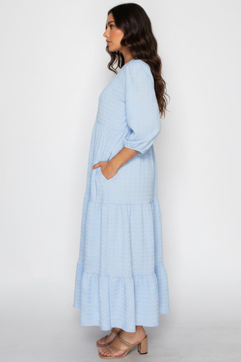 PLUS SIZE PUFF SLEEVES LAYERED DRESS WITH SIDE POCKETS-SHVL5825