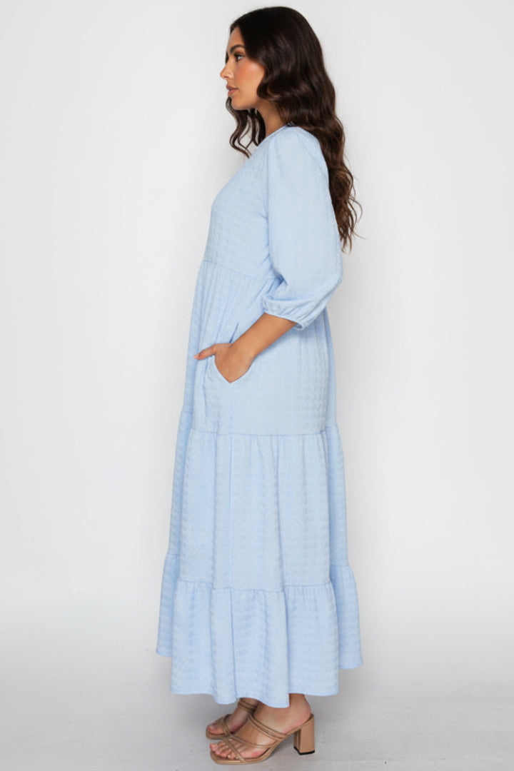 PLUS SIZE PUFF SLEEVES LAYERED DRESS WITH SIDE POCKETS-SHVL5825