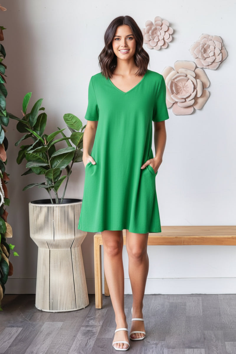 SHORT SLEEVE V NECK SOLID AIRFLOW WOVEN DRESS-HMED6880
