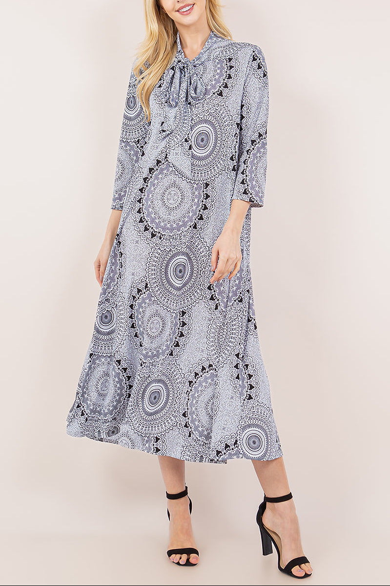 TIE-NECK A-LINE MODEST DRESS WITH SIDE POKTES Stylish Wholesale TIE-NECK A-LINE MODEST DRESS WITH SIDE POKTES Stylish Wholesale