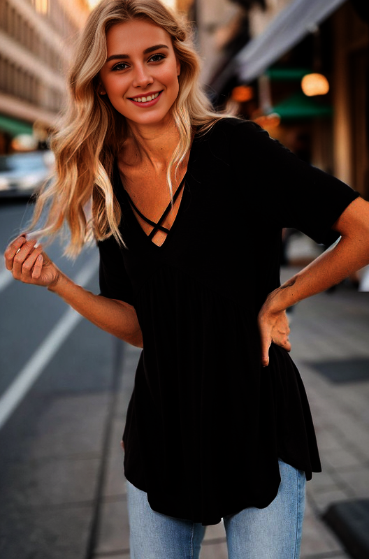 HALF SLEEVE CRISSCROSS V NECK SOLID BABYDOLL TOP