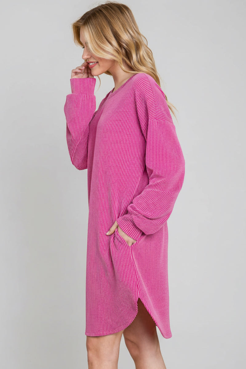 LONG PUFF SLEEVE SOLID URBAN RIBBED MINI DRESS
