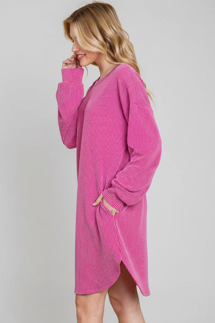 LONG PUFF SLEEVE SOLID URBAN RIBBED MINI DRESS