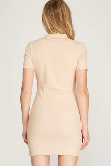 BURNT ORANGE SHORT SLEEVES RIB KNIT BODYCON POLO MINI DRESS SKSS9842