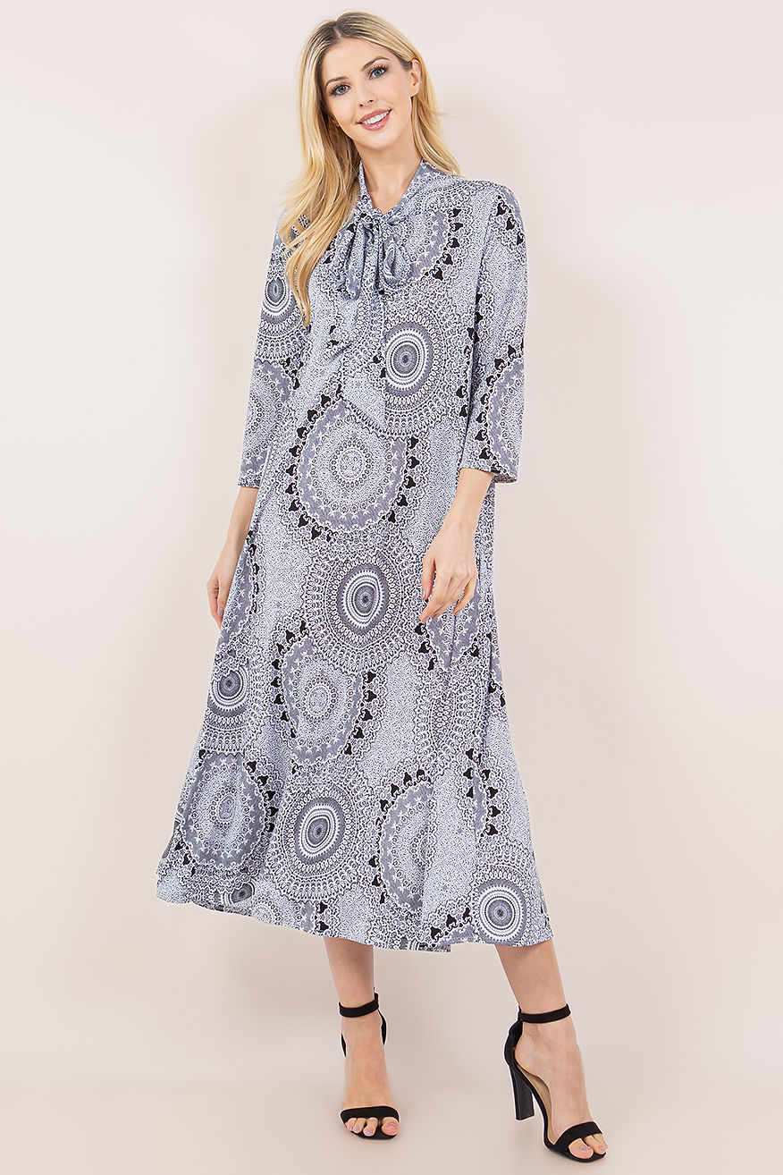 PLUS SIZE TIE-NECK A-LINE MODEST DRESS WITH SIDE POKTES