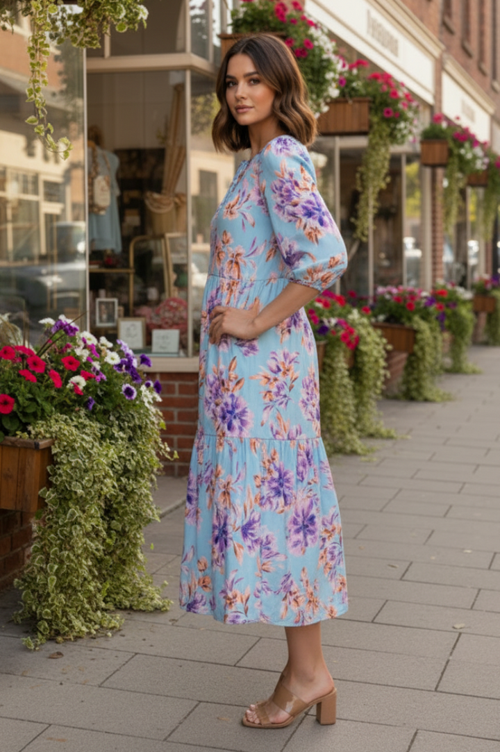 FLORAL ELASTIC CUFF 3/4 SLEEVES TIERED MIDI DRESS-SHVL6094-B