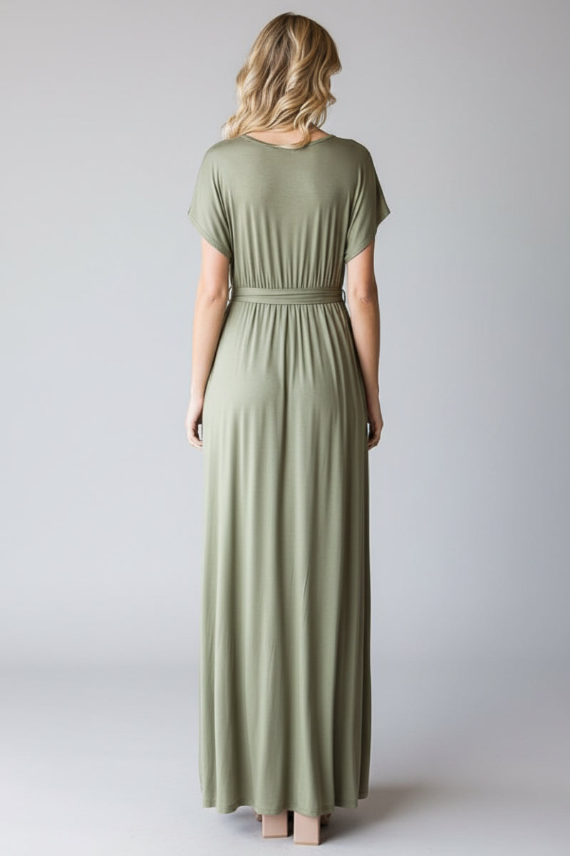 SHORT SLEEVE V NECK SOLID MAXI WRAP DRESS HMED6724S