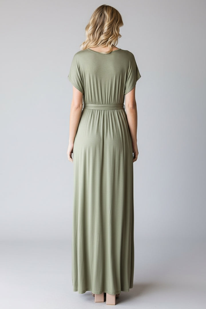 SHORT SLEEVE V NECK SOLID MAXI WRAP DRESS HMED6724S