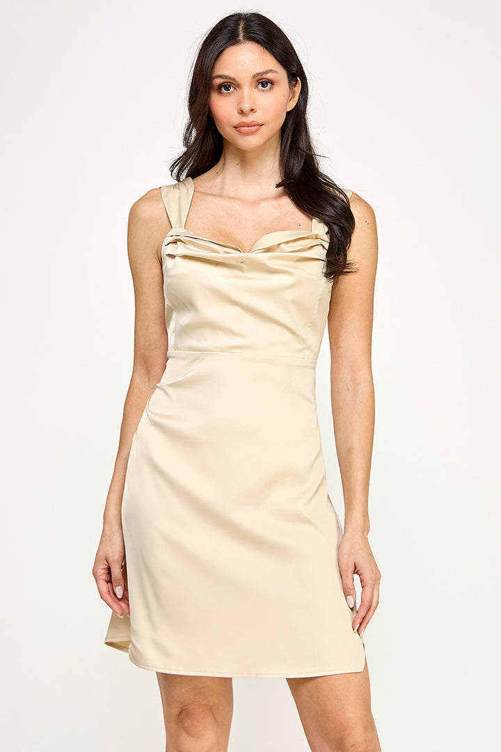 SLEEVELESS SATIN DRESS.WITH PLETED NECKLINE .