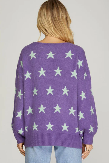 PINK STAR PATTERN CREW NECK LONG SLEEVES SWEATER SKSY5251