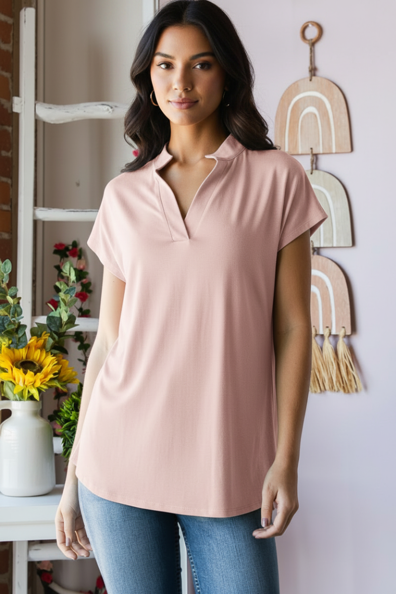PLUS SIZE SHORT SLEEVE BASIC MANDARIN COLLAR NECK SOLID TOP-HMET7033S