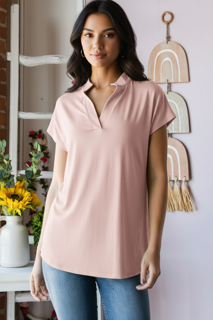 PLUS SIZE SHORT SLEEVE BASIC MANDARIN COLLAR NECK SOLID TOP-HMET7033S