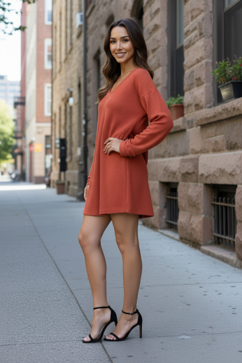 RIBBED KNIT LONG SLEEVES MINI DRESS-ND30196-