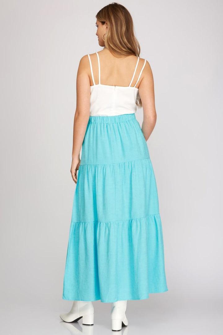 APRICOT TIERED ELASTIC WAIST WOVEN MAXI SKIRT