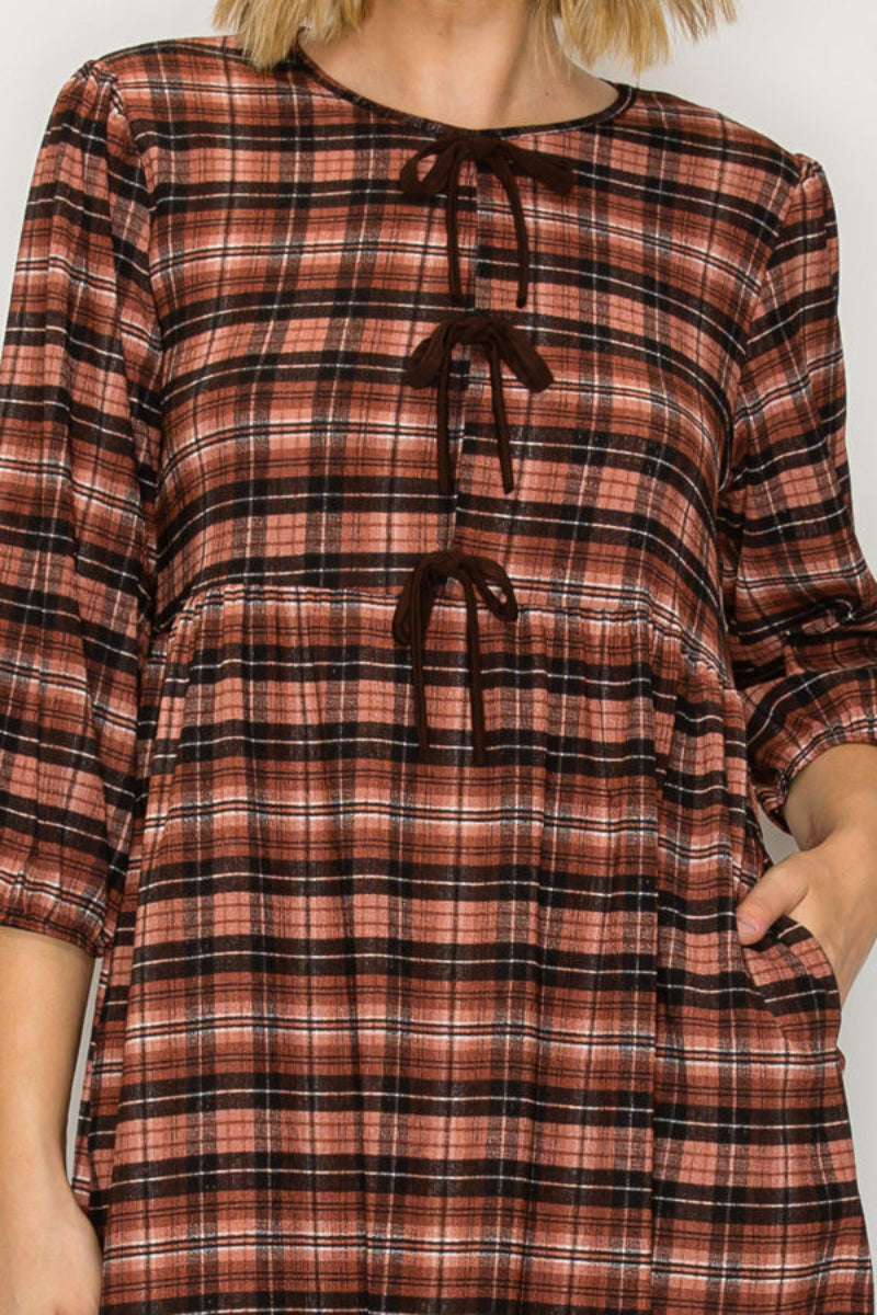 ELEGANT PLAID MIDI DRESS FEATURING A FLATTERING EMPIRE SHVL5954-5