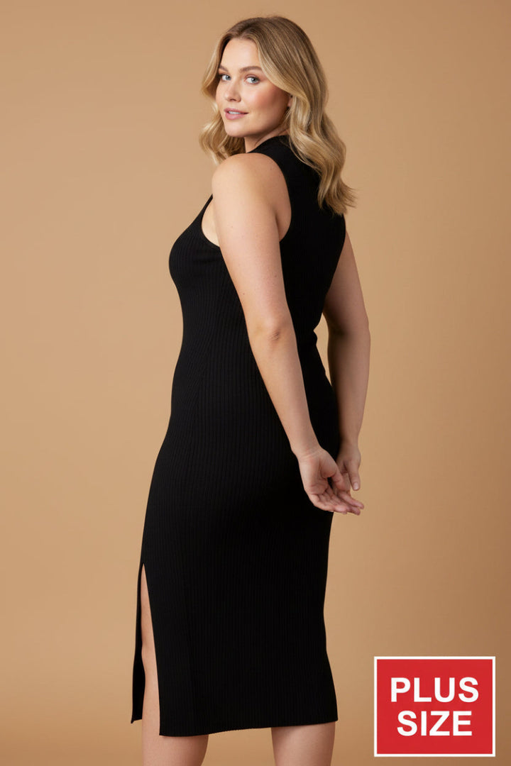 PLUS SIZE V-NECK SLEEVELESS SOLID MIDI DRESS WBD90617