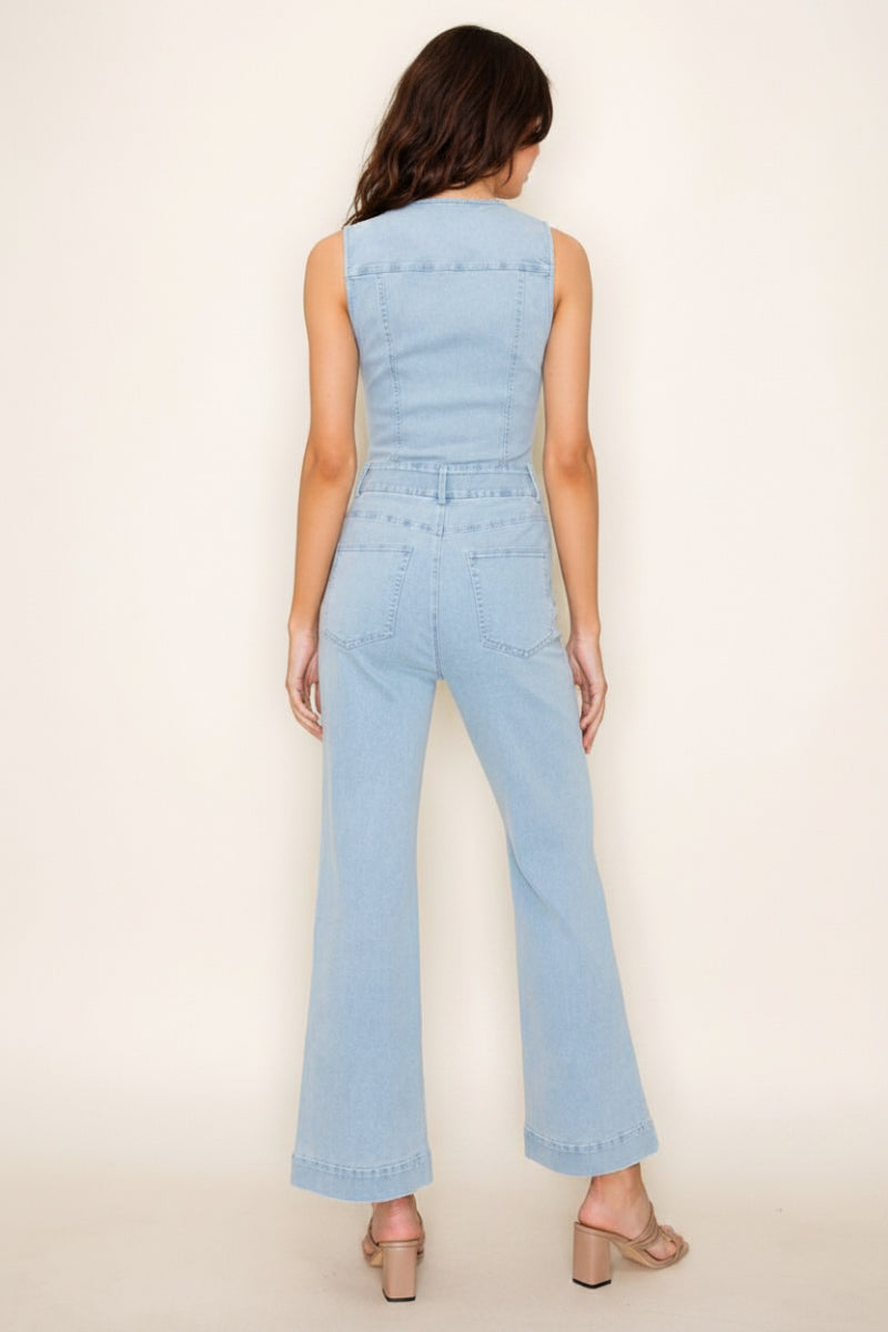 BUTTON DOWN SOLID DENIM JUMPSUIT