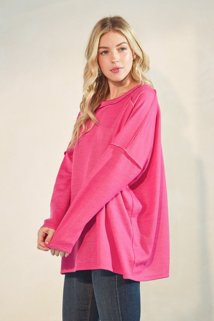 LONG SLEEVE ROUND NECK SOLID CUTTON FRENCH TERRY TOP-HMET7690-14