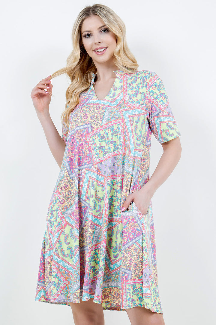SEAFOAM PRINT SWING SHORT SLEEVE PLUS SIZE MINI DRESS-SHVC5086ES
