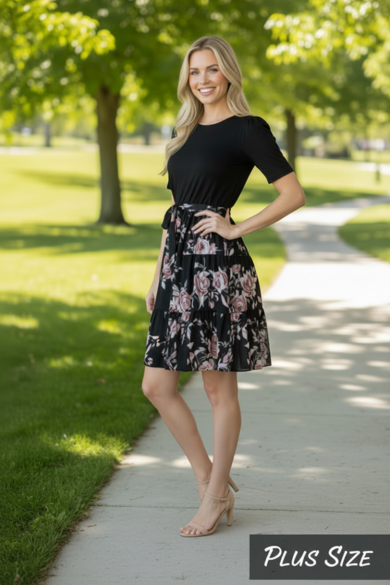 PLUS-ROUND NECK SOLID AND FLORAL PRINT CONTRAST MINI DRESS