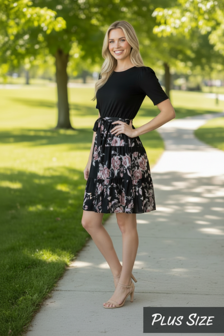PLUS-ROUND NECK SOLID AND FLORAL PRINT CONTRAST MINI DRESS