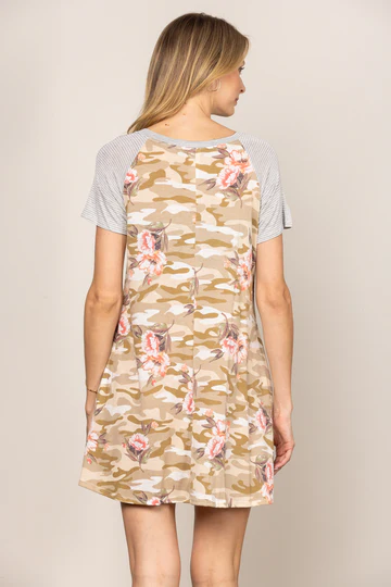 BLUE FLORAL RAGLAN SHORT SLEEVES A-LINE MINI DRESS T1561