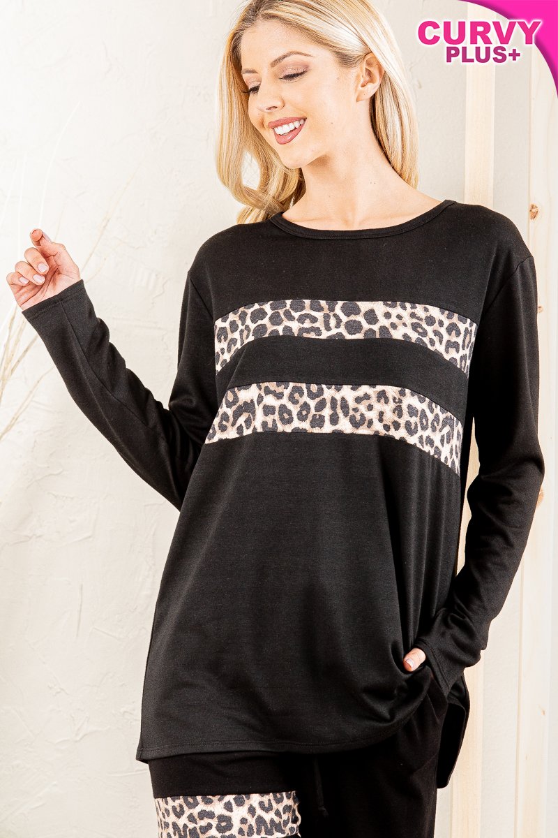 ROUND NECK SOLID AND ANIMAL LEOPARD PRINT CONTRAST TOP