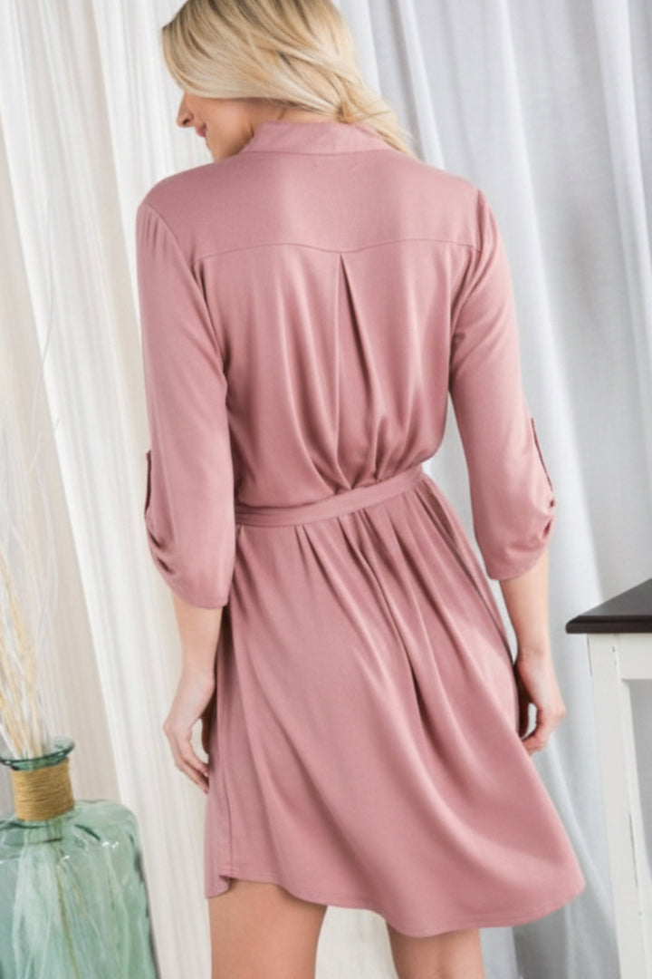 BUTTON SLEEVE MANDARIN COLLAR SOLID MINI DRESSHMED6111S