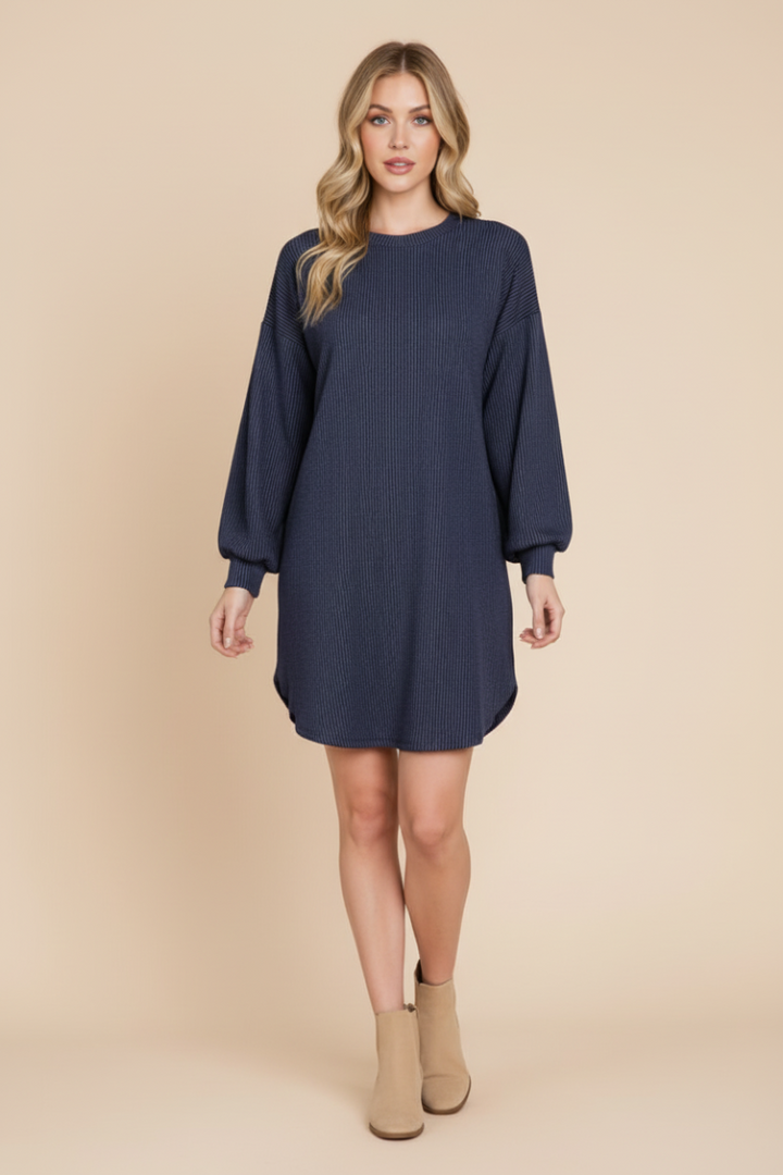 PLUS SIZE LONG PUFF SLEEVE SOLID URBAN RIBBED MINI DRESS