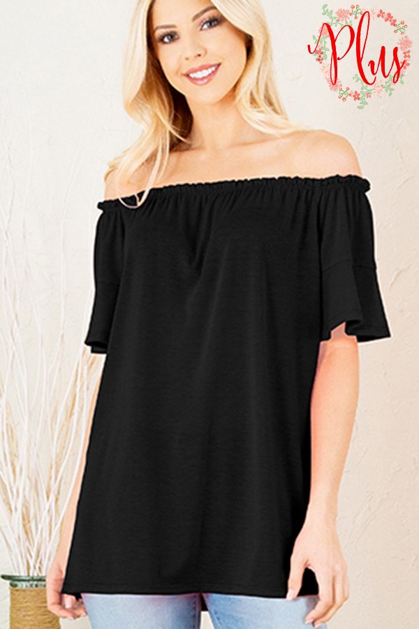 SHORT SLEEVE RUFFLED OFF SHOULDER SOLID TOP PLUS SIZE