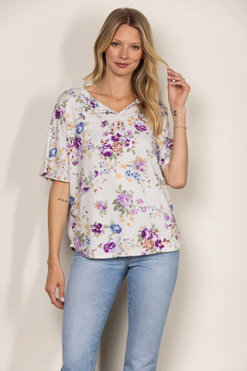 BEIGE FLORAL PRINT SHORT SLEEVES WAFFLE KNIT TOP T1909-4