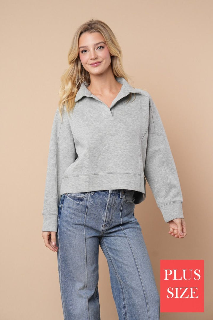 LONG SLEEVE PLUS SIZE SOLID KNIT COLLAR FEATURING TOP