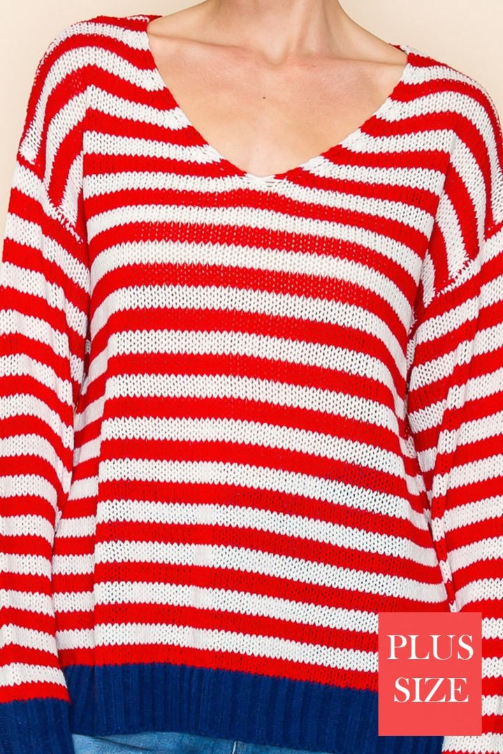 PLUS SIZE LONG SLEEVE STRIPED KNIT SWEATR