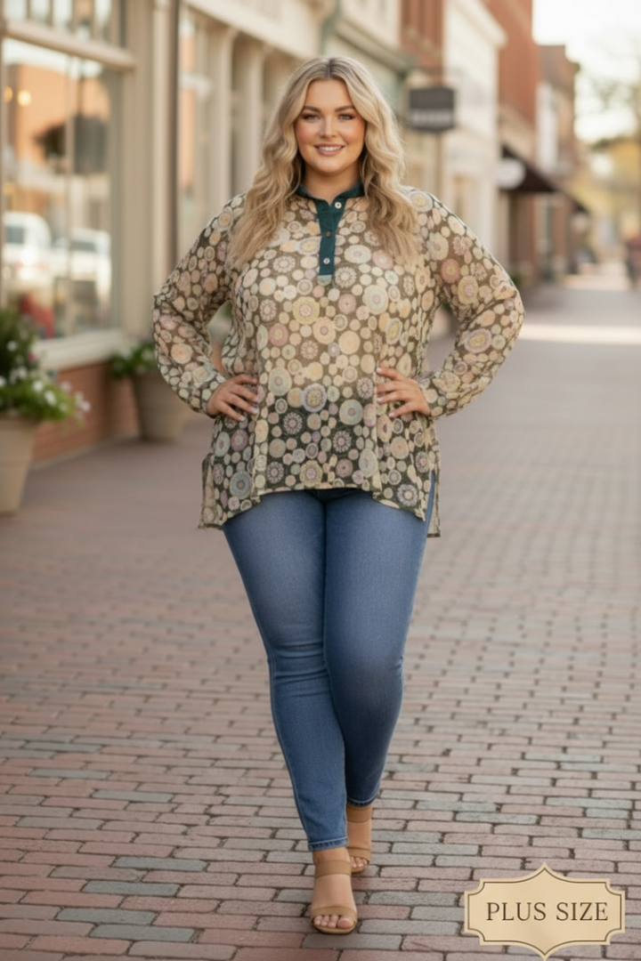 MANDARIN COLLAR FLORAL PRINT PLUS SIZE TOP T7538-