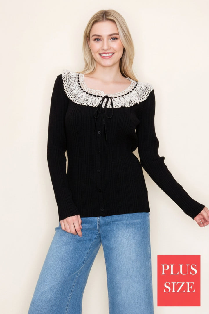 PLUS SIZE BLACK LONG SLEEVE LACE YOKE DETAIL TOP